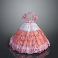 Elegant Pink And White Layered Princess Dress With Puffed Sleeves And Lace Trim
