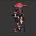 Cartoon Scene Featuring Mushroom House With Pink Spotted Cap Tree Trunk And Colorful Small Mushrooms