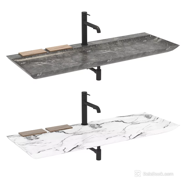 Double Wash Basin With Marble Countertop Black Faucet And Wooden Soap Dishes 3d model 