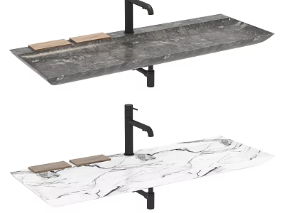 Double Wash Basin With Marble Countertop Black Faucet And Wooden Soap Dishes 3d model