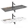 Double Wash Basin With Marble Countertop Black Faucet And Wooden Soap Dishes