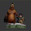 Little Girl Carrying Green Plants And Orange Bear With Black Hat Holding Briefcase On Grass