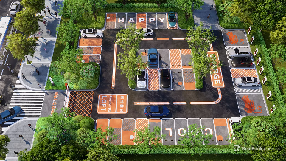 Modern Well Designed Parking Lot With Green Trees Parking Spaces And Parked Cars 3d model 