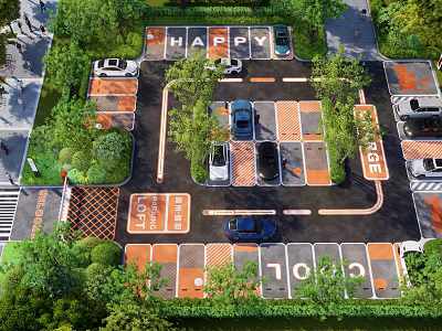 Modern Well Designed Parking Lot With Green Trees Parking Spaces And Parked Cars 3d model
