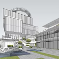Modern Commercial Street Featuring Glass Facades Pedestrians Greenery And Open Walkways