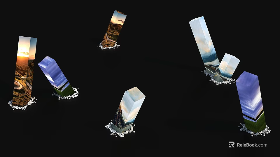 Transparent Prisms With Scenic Patterns On Black Background And White Gravel Base 3d model 