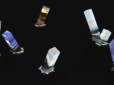 Transparent Prisms With Scenic Patterns On Black Background And White Gravel Base 3d model