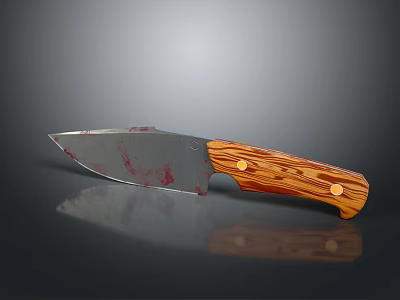 Bloody Blade Knife With Wooden Handle And Metal Rivets On Black Surface With Reflection 3d model