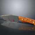 Bloody Blade Knife With Wooden Handle And Metal Rivets On Black Surface With Reflection