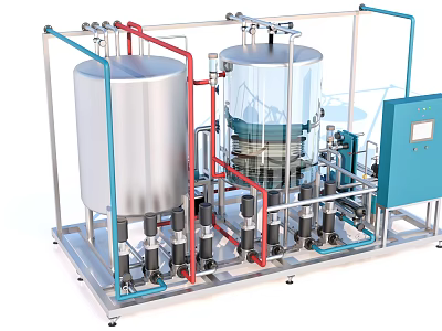 Industrial Processing System With Stainless Steel Tanks Red Blue Pipes And Control Panel 3d model