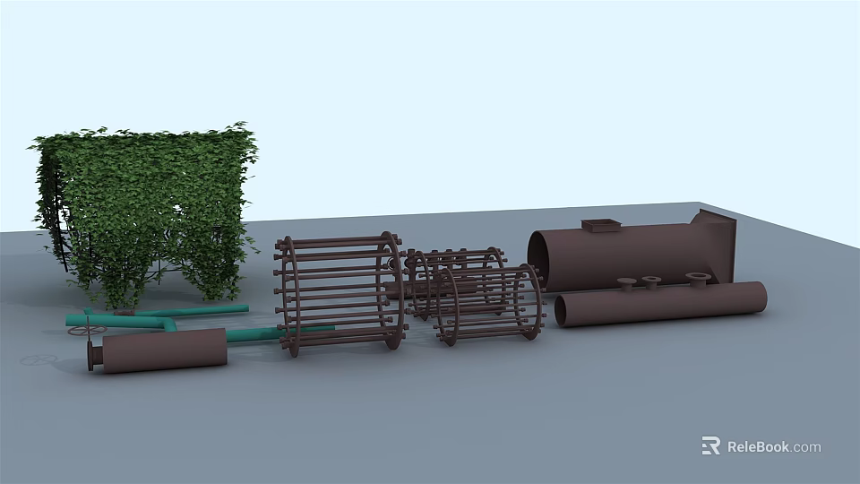 Industrial Metal Pipes In Green And Brown With Metal Support Frames Setup 3d model 