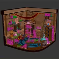Cartoon Magical Wizard Workshop Interior With Wooden Shelves Books Bottles And Glowing Potion Cauldrons