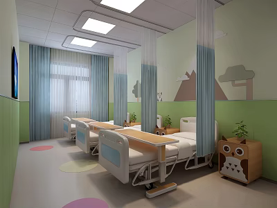 Colorful Pediatric Ward Interior With Green Blue Walls Beds Cartoon Decorations And Owl Cabinet 3d model