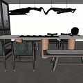Modern Tea Room Interior With Large Windows Long Wooden Table Green Chairs And Pendant Lights