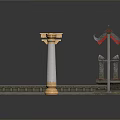 Traditional Architectural Elements Featuring White Column with Golden Top Ornate Roof and Stone Wall