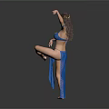 Belly Dancer In Blue Outfit Performing Solo Dance On Gray Background