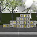 Garden Landscape With Trees Lawn Gray Blocks And Golden Characters On Platform