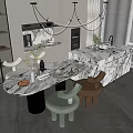 Modern Kitchen Interior With Marble Island Table And Light Green Brown Stools 3d model