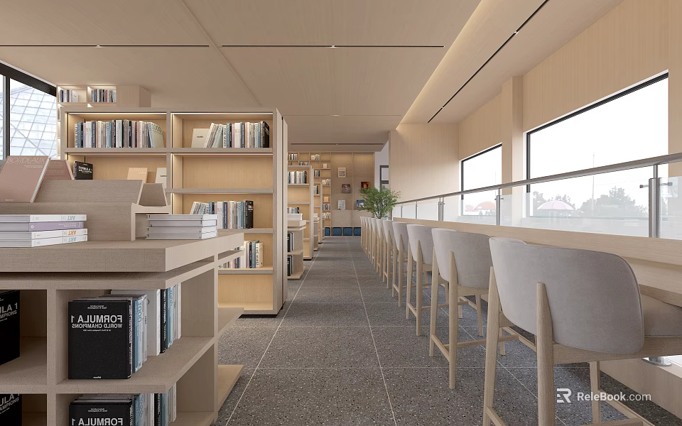 Book Art In Bright Library Space With Shelves And Chairs 3d model 