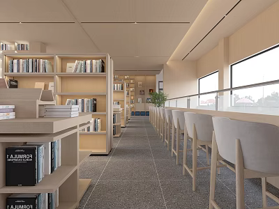 Book Art In Bright Library Space With Shelves And Chairs 3d model