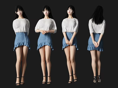 Woman In White Top And Blue Ruffled Skirt With Black High Heels Multi Angle View 3d model