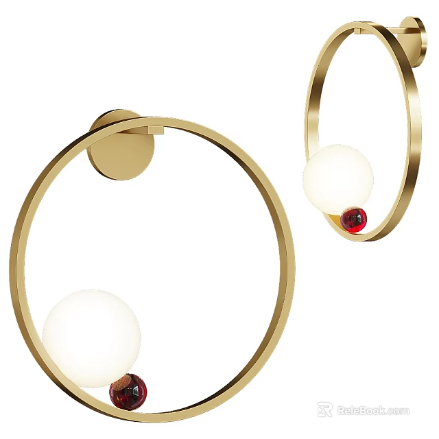 Elegant Modern Gold Ring Wall Sconce With White Globe Bulb And Red Accent 3d model