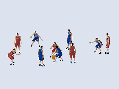 Group of People in Red and Blue Jerseys Actively Playing Basketball 3d model