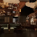Traditional Chinese Style Hotpot Restaurant Interior with Red Lanterns Wooden Structure Cloud Flying Bird Decor