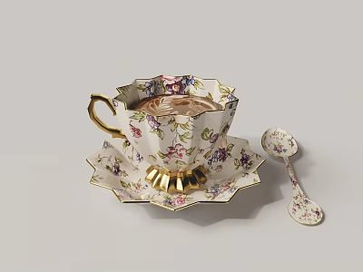 Floral Pattern Teacup with Gold Accents Saucer and Matching Spoon 3d model