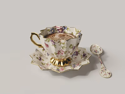 Floral Pattern Teacup with Gold Accents Saucer and Matching Spoon 3d model Floral Pattern Teacup with Gold Accents Saucer and Matching Spoon 3d model