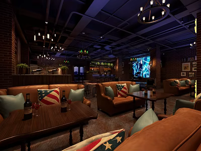 Industrial Style Bar Interior With Brick Walls Brown Sofas Chandeliers And TV Screen 3d model