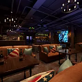 Industrial Style Bar Interior With Brick Walls Brown Sofas Chandeliers And TV Screen