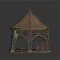 Rustic Wooden Gazebo With Thatched Roof Vines And Wooden Tables Chairs