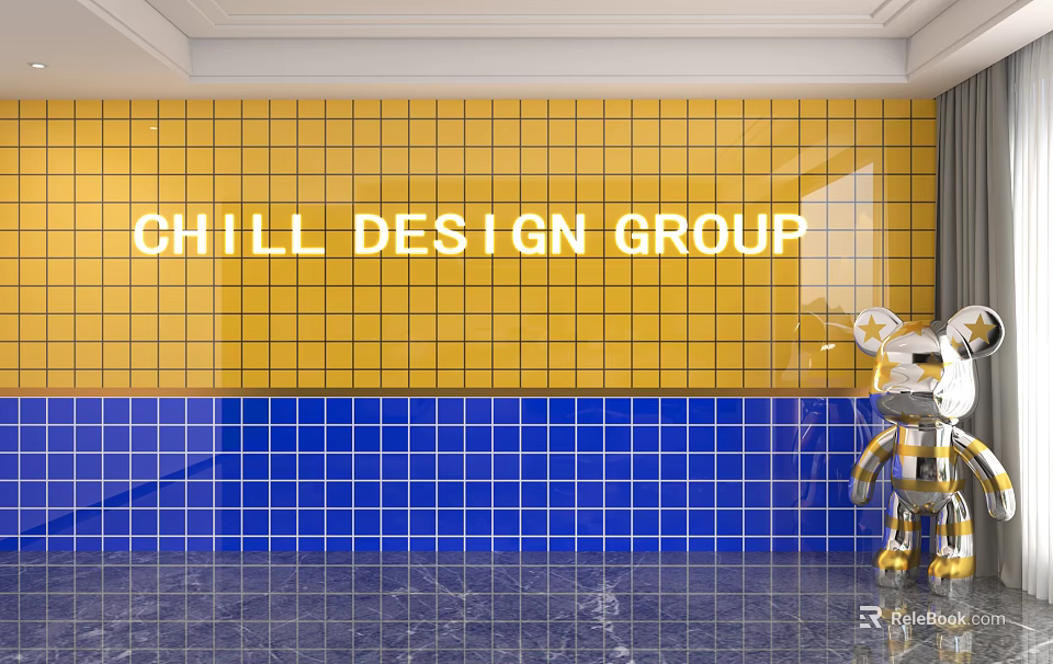 Vibrant Yellow And Blue Tiled Background Wall With Chill Design Group Text And Decorative Sculpture 3d model 