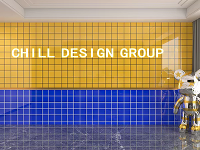 Vibrant Yellow And Blue Tiled Background Wall With Chill Design Group Text And Decorative Sculpture 3d model