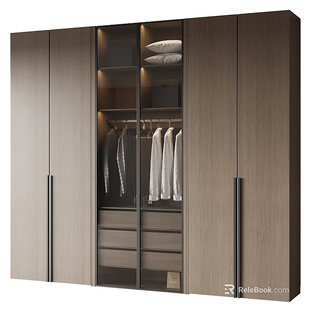 Modern Wooden Wardrobe Interior With Glass Doors Hanging Clothes And Drawers 3d model 