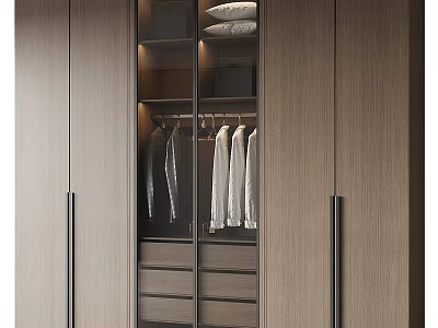 Modern Wooden Wardrobe Interior With Glass Doors Hanging Clothes And Drawers 3d model