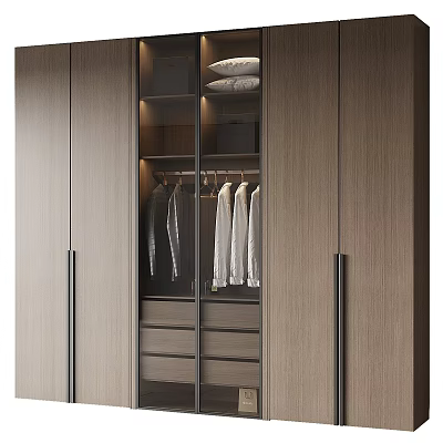 Modern Wooden Wardrobe Interior With Glass Doors Hanging Clothes And Drawers 3d model