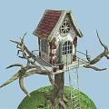 Cute Treehouse On Tree With Red Roof White Walls Wooden Ladder And Green Grass