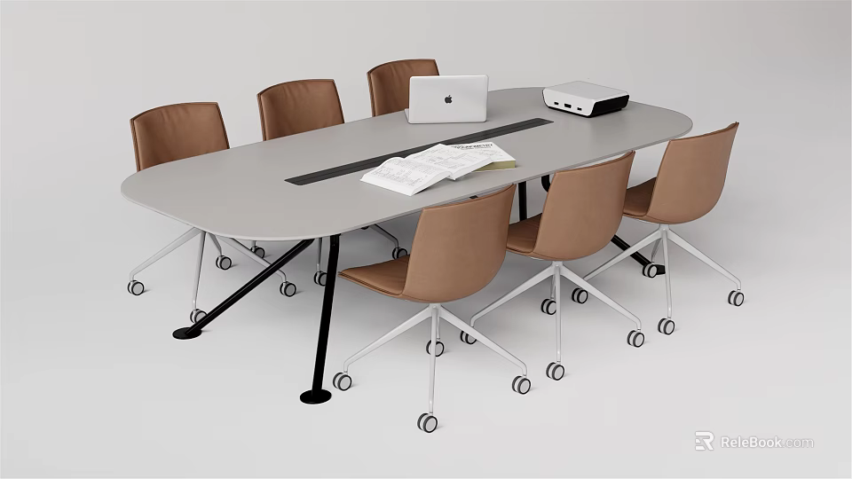 Modern Office Oval Light Gray Conference Table With Laptop Documents And Rolling Chairs 3d model 