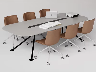 Modern Office Oval Light Gray Conference Table With Laptop Documents And Rolling Chairs 3d model