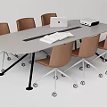 Modern Office Oval Light Gray Conference Table With Laptop Documents And Rolling Chairs