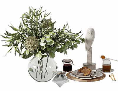 Clear Glass Vase Holding Green Eucalyptus Leaves and White Blooms with Sculpture 3d model