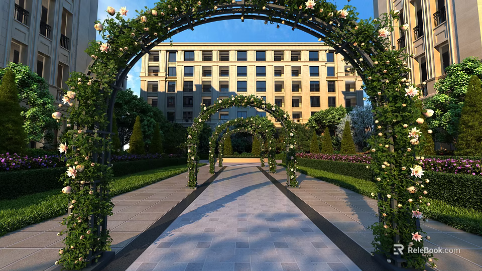 Garden Landscape Design With Flower Covered Arches Stone Pathway Greenery And Building 3d model 