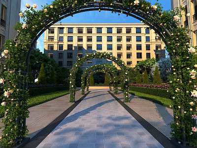 Garden Landscape Design With Flower Covered Arches Stone Pathway Greenery And Building 3d model