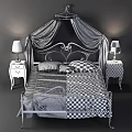 Elegant White Iron Double Bed with Canopy Nightstands and Table Lamps on Gray Wall Background