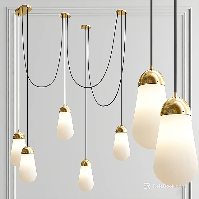 Multiple Modern Pendant Lights With Gold Accents And White Hanging Shades 3d model 