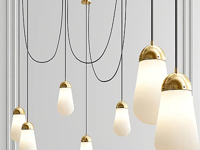 Multiple Modern Pendant Lights With Gold Accents And White Hanging Shades 3d model