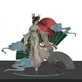 Traditional Chinese Themed Figure With Red Green Fans Cloud Decorations And Starry Background