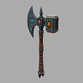 Fantasy Battle Axe Weapon With Wooden Handle And Colorful Gemstone Inlays
